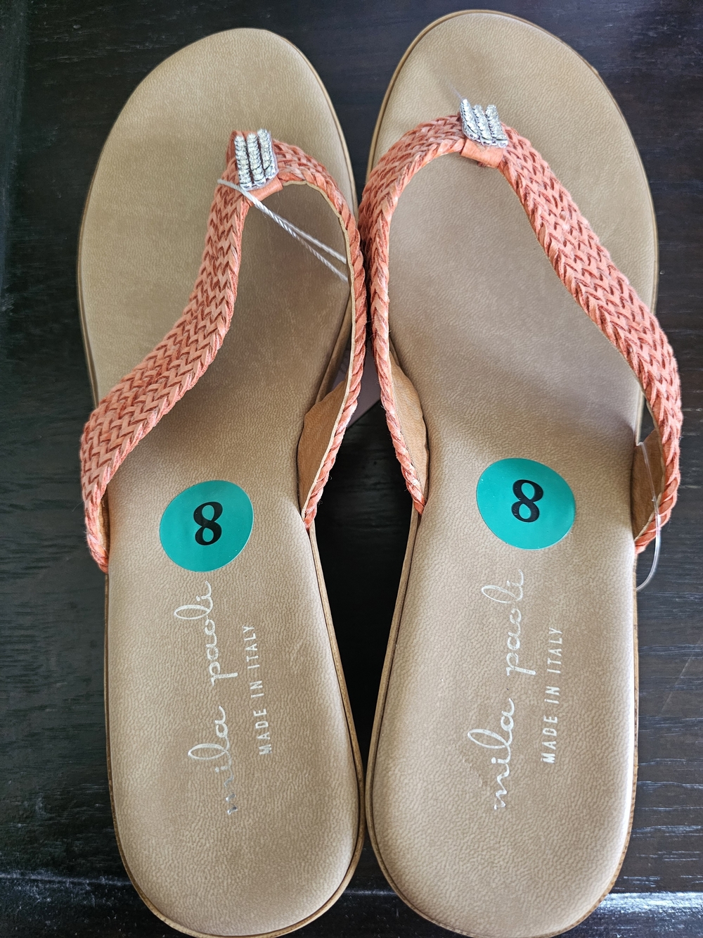 Mila Paoli Coral Braided Thong Sandals with Silver Accents